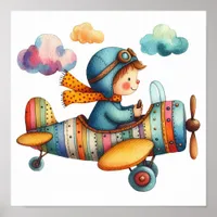 Watercolor Style Nursery Art Child Flying Airplane Poster