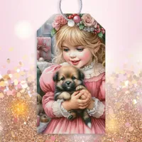 Little Vintage Girl in Pink with Puppies Christmas Gift Tags