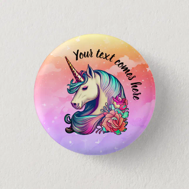 Cute unicorn in colorful sky button