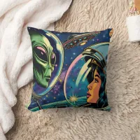 Woman Astronaut Meets Extraterrestrial Alien Throw Pillow