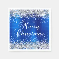 Glittery Silver and Royal Blue Merry Christmas Napkins