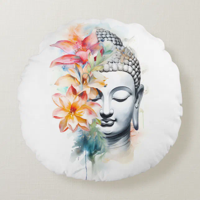 Portrait Buddha Charcoal Watercolor Art Round Pillow