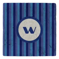 Rustic Blue Striped Stone Trivet with Monogram