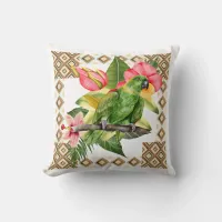 Tropical Green Parrot with Flowers 16 Inch Throw Pillow