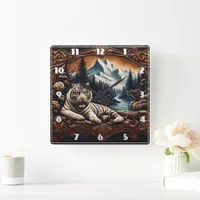 White Bengal Tiger Resting by Mountain Stream Square Wall Clock