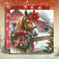 Pretty Brown Horse in Red Bow Christmas Holiday Card