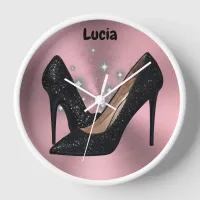 Black Glitter High Heel Shoe on Pink | Clock