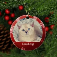 Personalized Pet Cat Photo Red Snowflakes  Ceramic Ornament