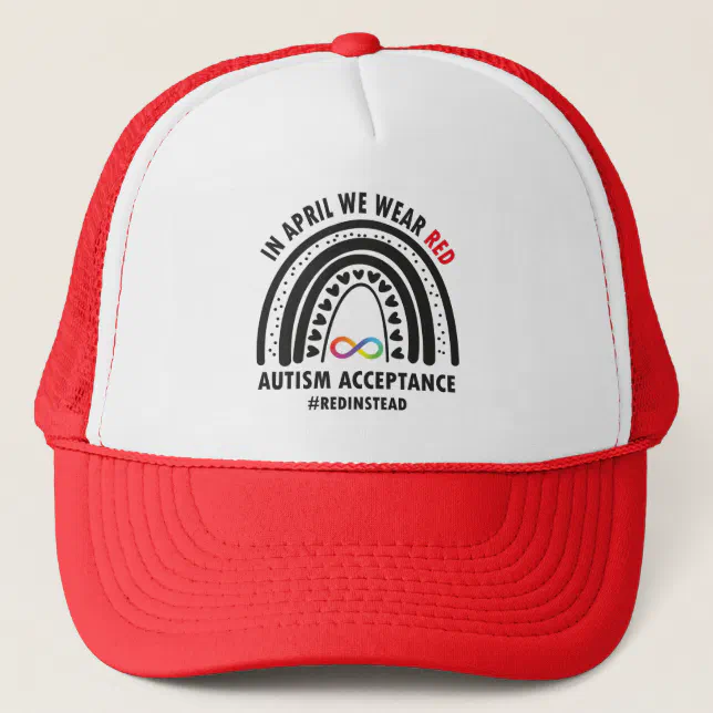 In April We Wear Red Autism Awareness Acceptance Trucker Hat