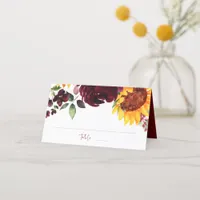 Sunflowers & Burgundy Roses Fall Wedding Place Card