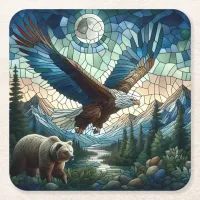 Mosaic Bear and Eagle in the Mountains  Square Paper Coaster