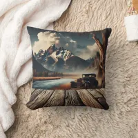 Vintage Car By Scenic Mountain River Landscape Throw Pillow