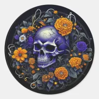 Skull and Orange Flowers AI art Classic Round Sticker