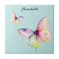 Delicate Pink Butterfly in Pastel Rainbow Colors Ceramic Tile