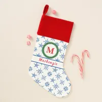 Monogram Wreath Your Name White & Blue Snowflakes Christmas Stocking