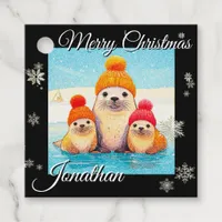 Cute seals with knitted hat Christmas illustration Favor Tags