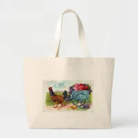 Hen pulling cart Easter Vintage Postcard Large Tote Bag