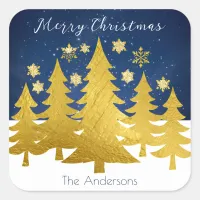 Faux Gold Christmas Trees in Winter Snow Festive Square Sticker