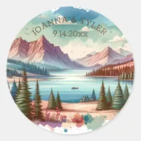 Watercolor Mountain Views Wedding Date Classic Round Sticker