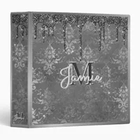 Monogram Silver Metallic Black Glitter Gray Damask 3 Ring Binder