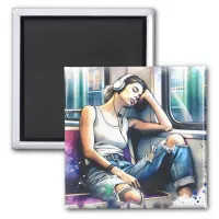 Woman Sleeping on the Subway Listening to Music Magnet