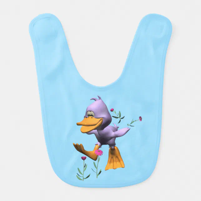 Cute Happy Cartoon Duck Running Through Flowers