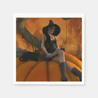 Witch and Cat on Giant Pumpkin  Paper Napkins