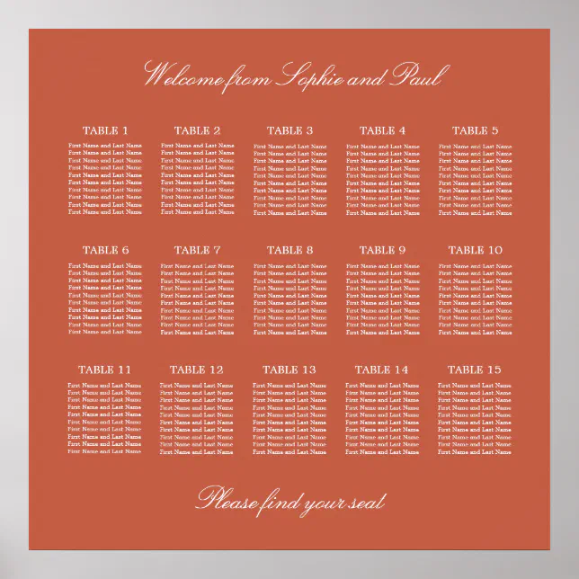 Terracotta 15 Table Wedding Seating Chart Poster