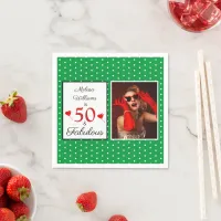 50 & Fabulous Name Photo Red 50th Birthday Green Napkins