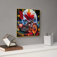 Canadian motorcycle with flag in moonlit landscape square wall clock