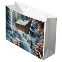 Winter Log Cabin on a Snowy Day Christmas Large Gift Bag