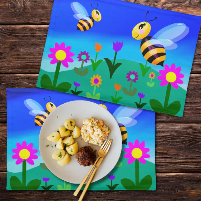 Happy bees in a flower field cloth placemat