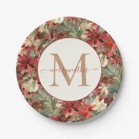 Elegant Holiday Poinsettia Christmas Monogram Paper Plates