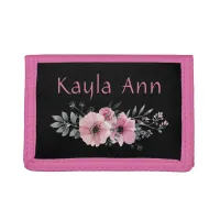 Personalized Pink and Black Floral Watercolor Trifold Wallet