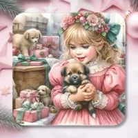 Little Vintage Girl in Pink with Puppies Christmas Square Sticker