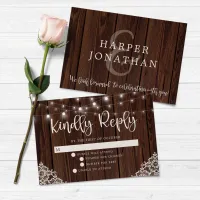 BUDGET Rustic Wood Lights Lace Wedding RSVP Note Card