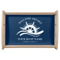 Nautical Welcome Aboard Boat Name Ship Wheel Serving Tray