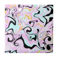Fluid Art  Cotton Candy Pink, Teal, Black and Gold Ceramic Tile