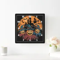 Halloween scarecrow trio in a spooky backdrop square wall clock