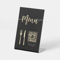 Elegant Menu Script Gold Knife & Fork QR Code  Pedestal Sign