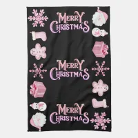 Pink Merry Christmas + Icons on Black | Kitchen Towel