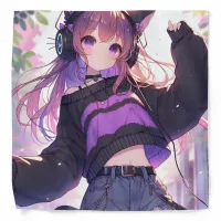 Pretty Anime Girl in Headphones with Cat Ears Bandana