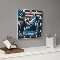 Moose Against Mountain and Flag Background Square Wall Clock