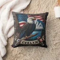 Eagle Perched With American Flag and Mountains Throw Pillow