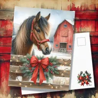 Festive Horse and Red Rustic Barn Christmas Holiday Postcard