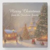 Scenic Snowy Christmas Trees In Quaint Village Stone Coaster