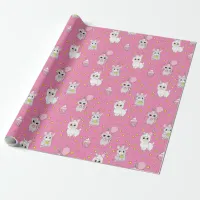 Cute Llama, Kitten and Mouse Cupcake Pink Girl's Wrapping Paper