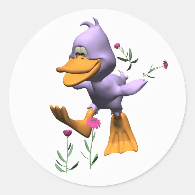 Cute Happy Cartoon Duck Running Through Flowers Classic Round Sticker