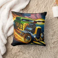 Vintage hot rod racing by a lake at sunset throw pillow