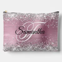 Silver Glitter Light Pink Foil Fancy Monogram Accessory Pouch